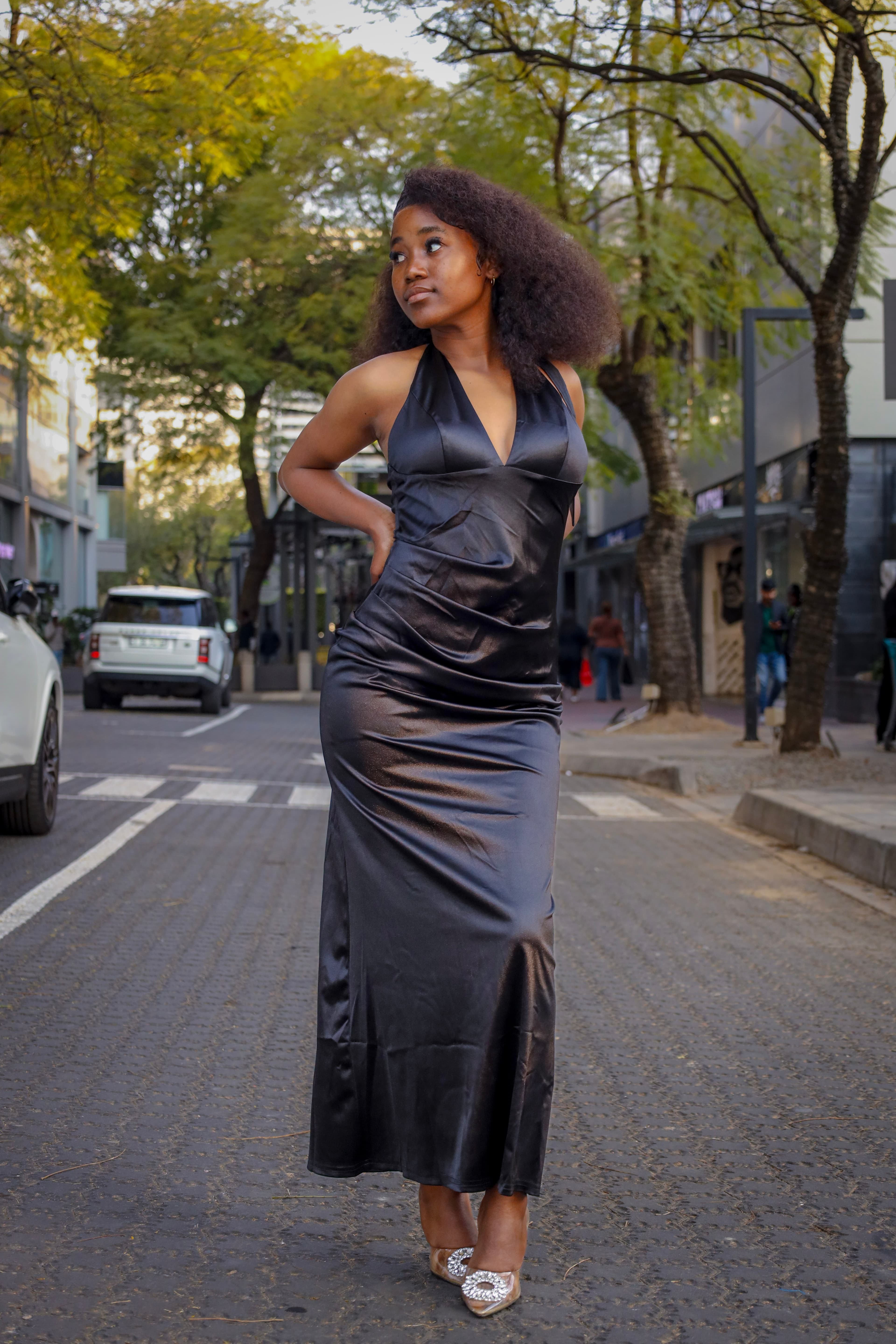AURELLA Noir Satin Maxi Dress