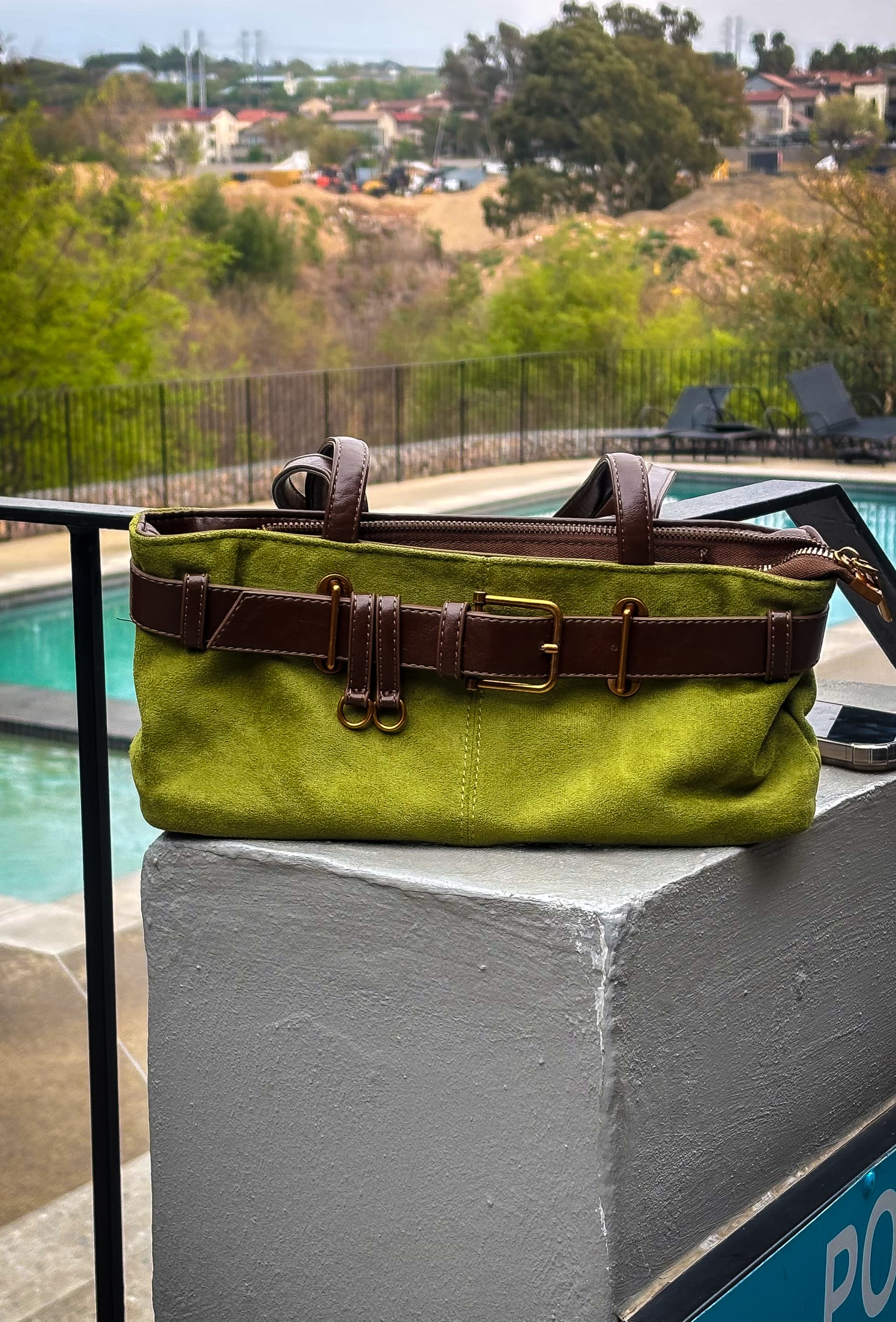 Olive Suede Belted Satchel